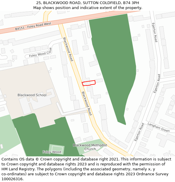 25, BLACKWOOD ROAD, SUTTON COLDFIELD, B74 3PH: Location map and indicative extent of plot