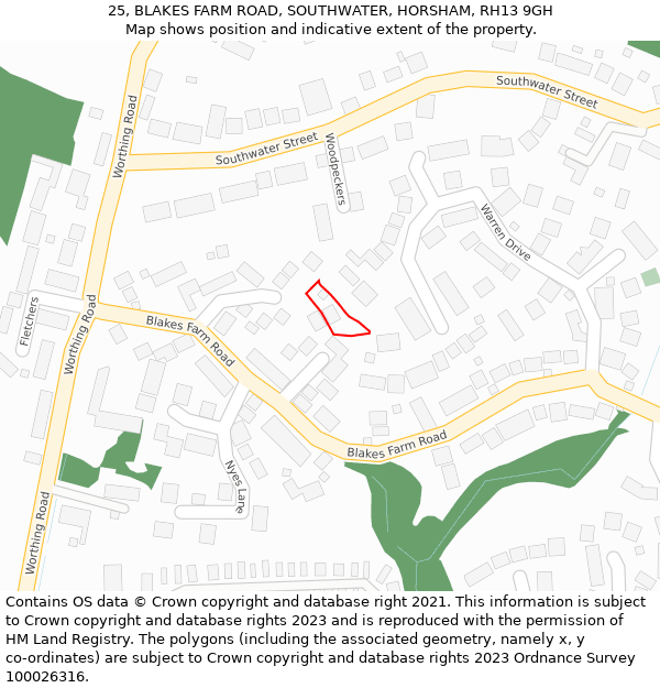 25, BLAKES FARM ROAD, SOUTHWATER, HORSHAM, RH13 9GH: Location map and indicative extent of plot