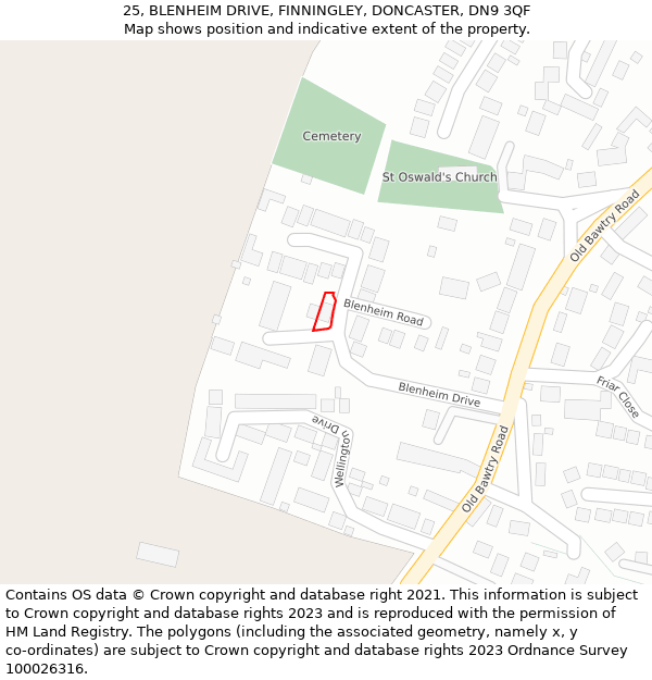 25, BLENHEIM DRIVE, FINNINGLEY, DONCASTER, DN9 3QF: Location map and indicative extent of plot