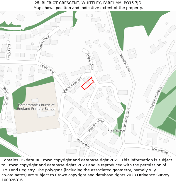 25, BLERIOT CRESCENT, WHITELEY, FAREHAM, PO15 7JD: Location map and indicative extent of plot