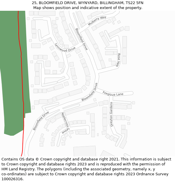 25, BLOOMFIELD DRIVE, WYNYARD, BILLINGHAM, TS22 5FN: Location map and indicative extent of plot