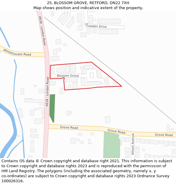 25, BLOSSOM GROVE, RETFORD, DN22 7XH: Location map and indicative extent of plot