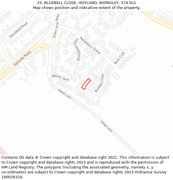 25, BLUEBELL CLOSE, HOYLAND, BARNSLEY, S74 0LS: Location map and indicative extent of plot