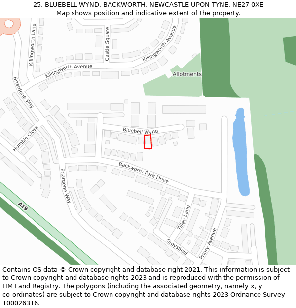 25, BLUEBELL WYND, BACKWORTH, NEWCASTLE UPON TYNE, NE27 0XE: Location map and indicative extent of plot