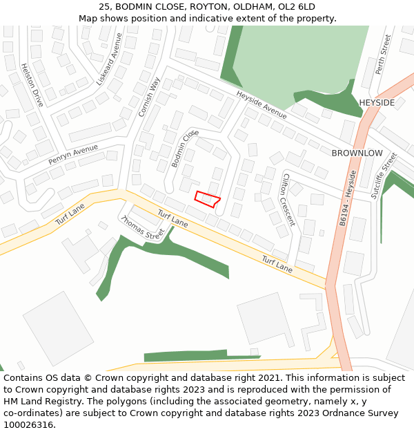 25, BODMIN CLOSE, ROYTON, OLDHAM, OL2 6LD: Location map and indicative extent of plot