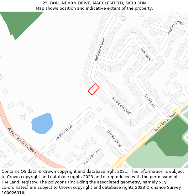 25, BOLLINBARN DRIVE, MACCLESFIELD, SK10 3DN: Location map and indicative extent of plot