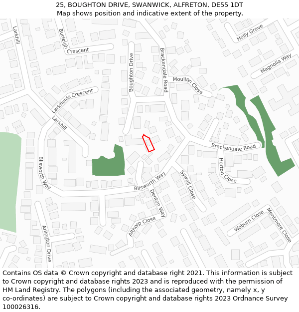 25, BOUGHTON DRIVE, SWANWICK, ALFRETON, DE55 1DT: Location map and indicative extent of plot