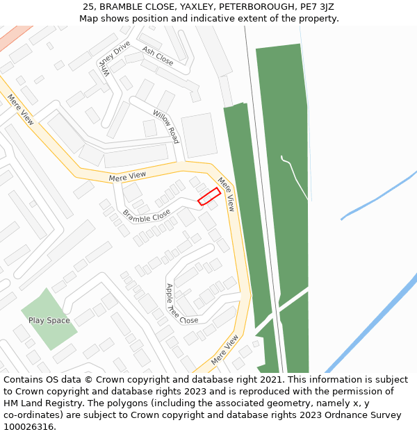 25, BRAMBLE CLOSE, YAXLEY, PETERBOROUGH, PE7 3JZ: Location map and indicative extent of plot