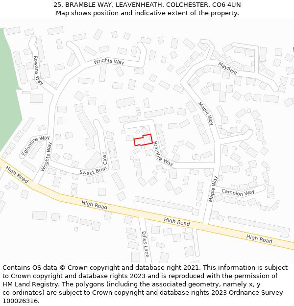 25, BRAMBLE WAY, LEAVENHEATH, COLCHESTER, CO6 4UN: Location map and indicative extent of plot