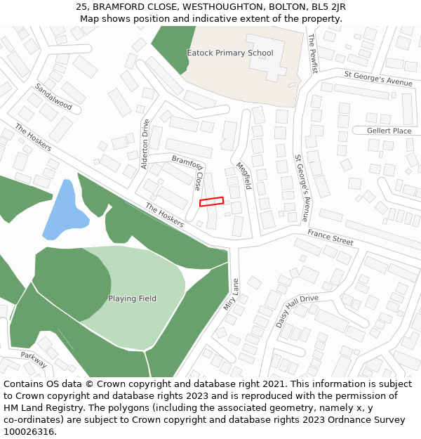 25, BRAMFORD CLOSE, WESTHOUGHTON, BOLTON, BL5 2JR: Location map and indicative extent of plot