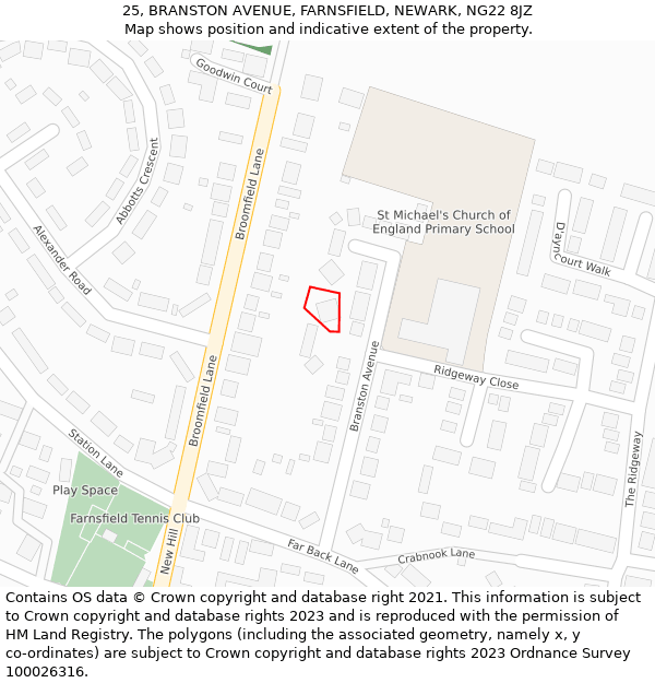 25, BRANSTON AVENUE, FARNSFIELD, NEWARK, NG22 8JZ: Location map and indicative extent of plot