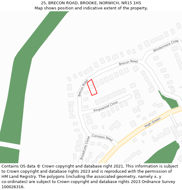 25, BRECON ROAD, BROOKE, NORWICH, NR15 1HS: Location map and indicative extent of plot