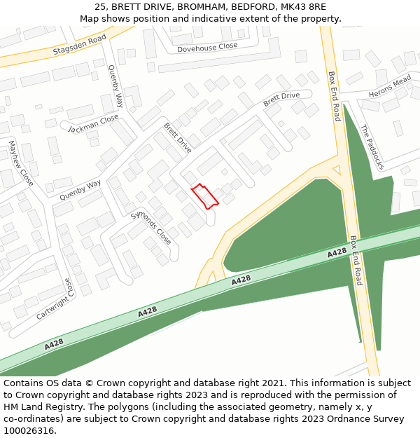 25, BRETT DRIVE, BROMHAM, BEDFORD, MK43 8RE: Location map and indicative extent of plot