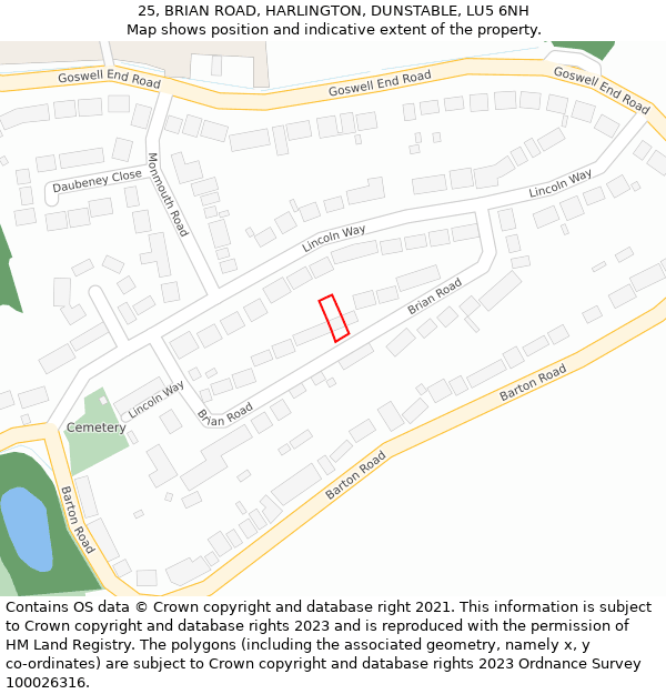 25, BRIAN ROAD, HARLINGTON, DUNSTABLE, LU5 6NH: Location map and indicative extent of plot