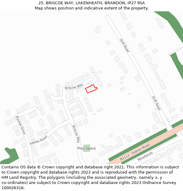 25, BRISCOE WAY, LAKENHEATH, BRANDON, IP27 9SA: Location map and indicative extent of plot