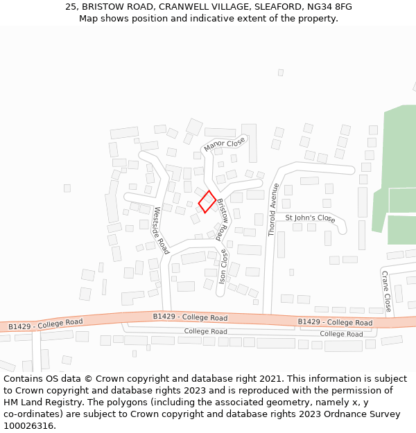 25, BRISTOW ROAD, CRANWELL VILLAGE, SLEAFORD, NG34 8FG: Location map and indicative extent of plot