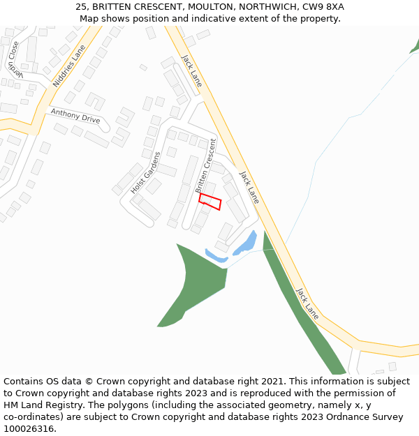 25, BRITTEN CRESCENT, MOULTON, NORTHWICH, CW9 8XA: Location map and indicative extent of plot