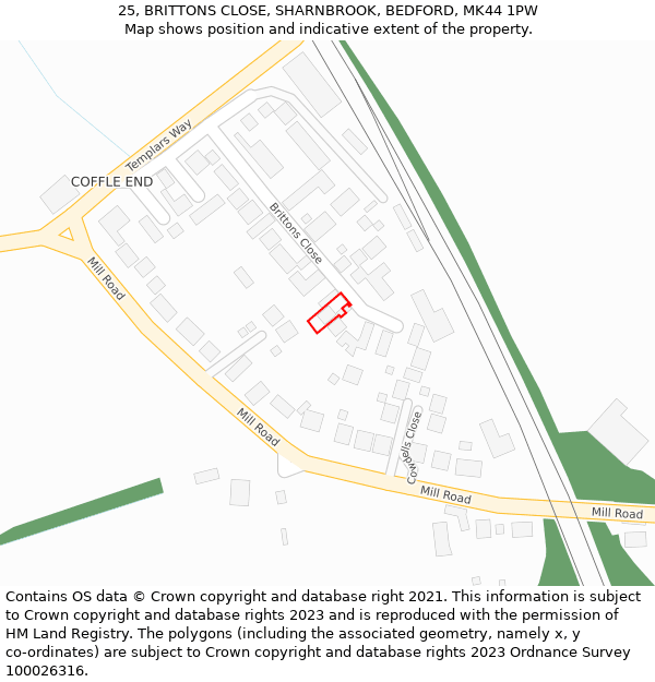 25, BRITTONS CLOSE, SHARNBROOK, BEDFORD, MK44 1PW: Location map and indicative extent of plot