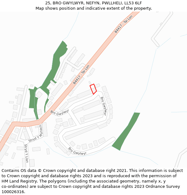 25, BRO GWYLWYR, NEFYN, PWLLHELI, LL53 6LF: Location map and indicative extent of plot