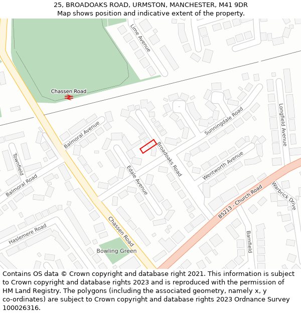 25, BROADOAKS ROAD, URMSTON, MANCHESTER, M41 9DR: Location map and indicative extent of plot