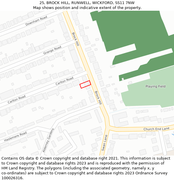 25, BROCK HILL, RUNWELL, WICKFORD, SS11 7NW: Location map and indicative extent of plot