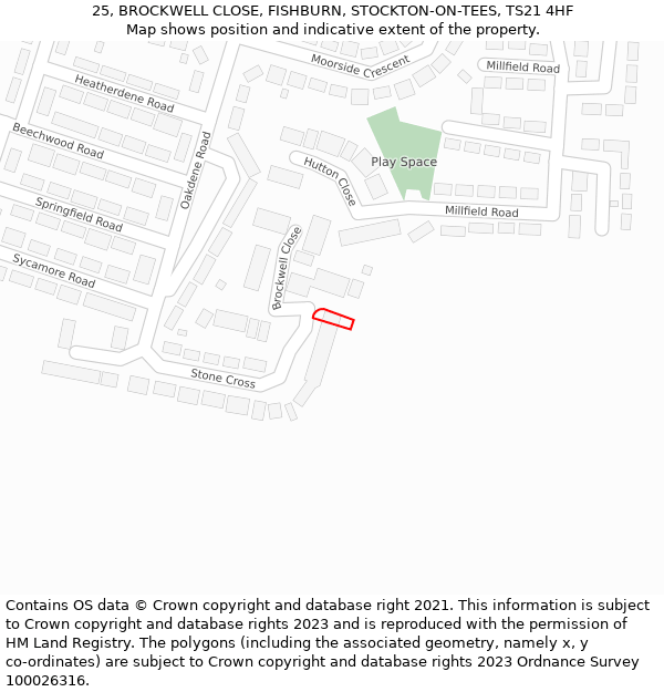 25, BROCKWELL CLOSE, FISHBURN, STOCKTON-ON-TEES, TS21 4HF: Location map and indicative extent of plot