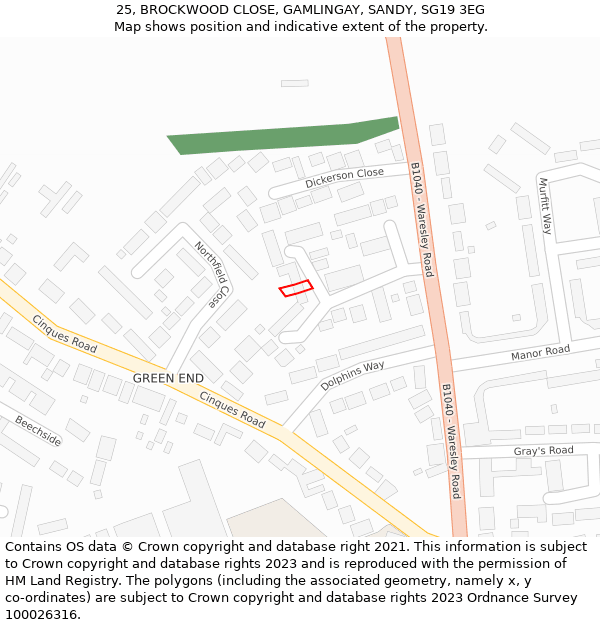 25, BROCKWOOD CLOSE, GAMLINGAY, SANDY, SG19 3EG: Location map and indicative extent of plot