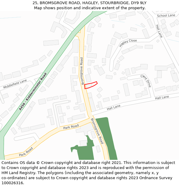 25, BROMSGROVE ROAD, HAGLEY, STOURBRIDGE, DY9 9LY: Location map and indicative extent of plot