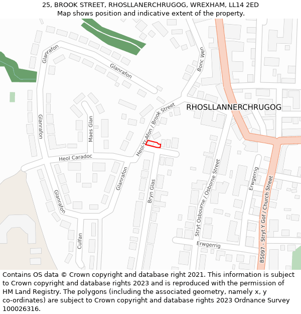 25, BROOK STREET, RHOSLLANERCHRUGOG, WREXHAM, LL14 2ED: Location map and indicative extent of plot