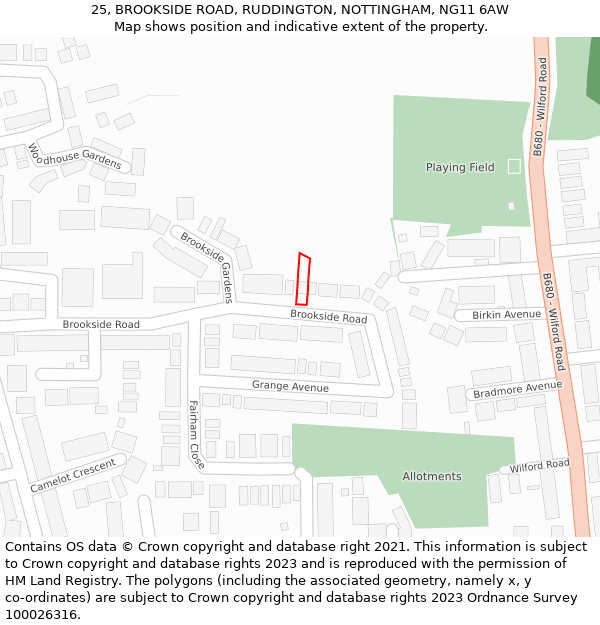 25, BROOKSIDE ROAD, RUDDINGTON, NOTTINGHAM, NG11 6AW: Location map and indicative extent of plot