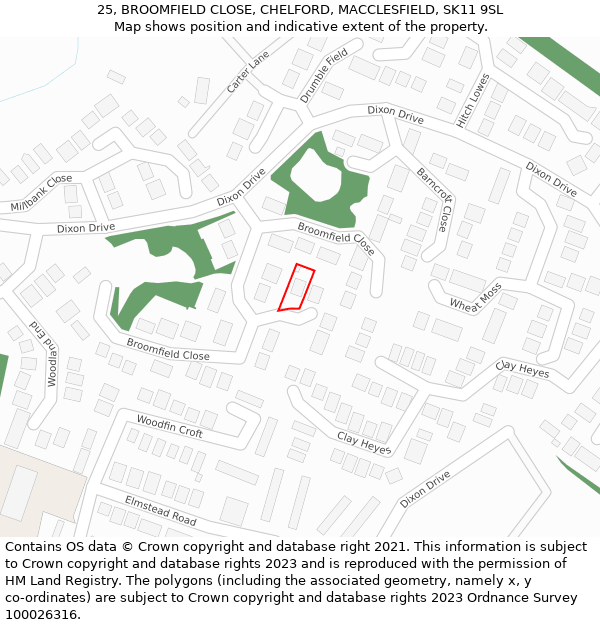 25, BROOMFIELD CLOSE, CHELFORD, MACCLESFIELD, SK11 9SL: Location map and indicative extent of plot