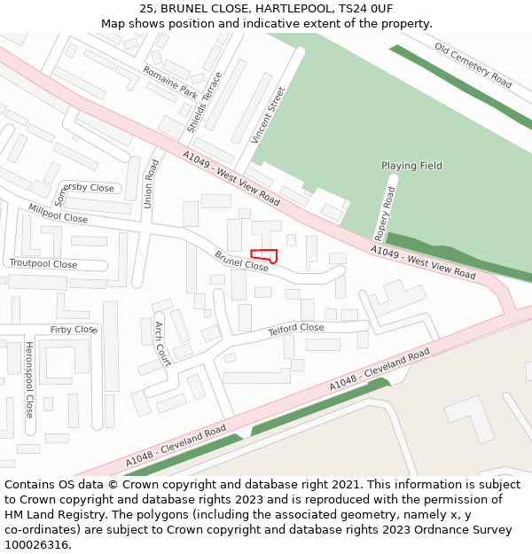 25, BRUNEL CLOSE, HARTLEPOOL, TS24 0UF: Location map and indicative extent of plot