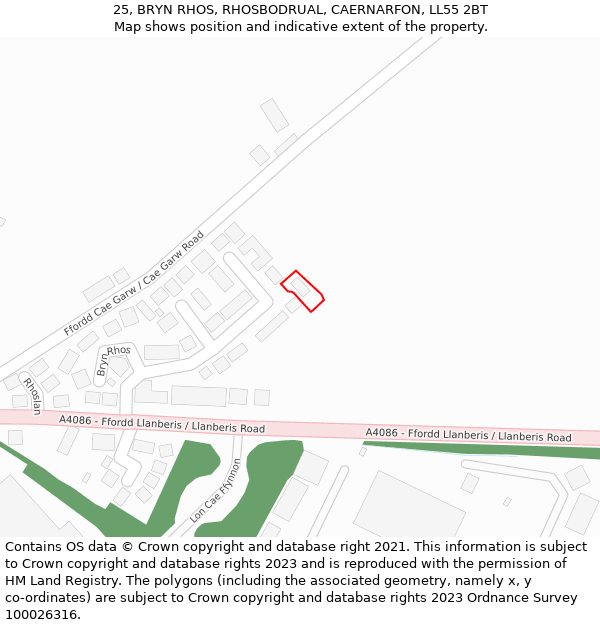 25, BRYN RHOS, RHOSBODRUAL, CAERNARFON, LL55 2BT: Location map and indicative extent of plot