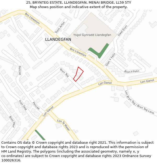 25, BRYNTEG ESTATE, LLANDEGFAN, MENAI BRIDGE, LL59 5TY: Location map and indicative extent of plot