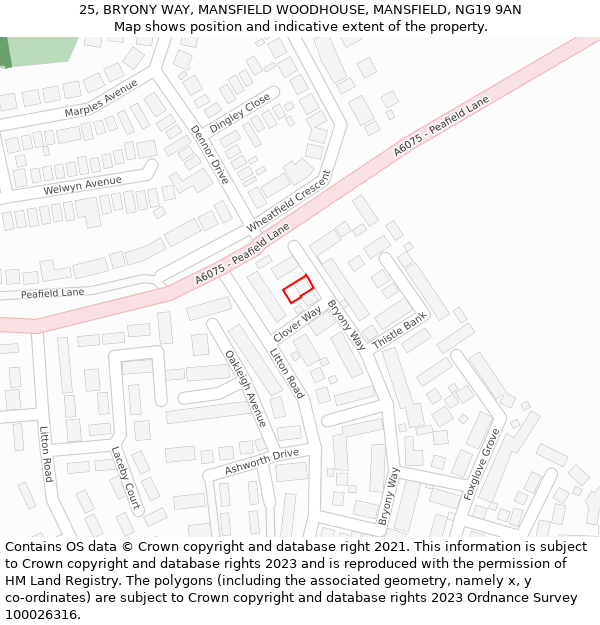 25, BRYONY WAY, MANSFIELD WOODHOUSE, MANSFIELD, NG19 9AN: Location map and indicative extent of plot