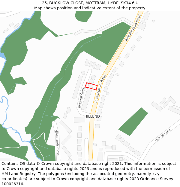 25, BUCKLOW CLOSE, MOTTRAM, HYDE, SK14 6JU: Location map and indicative extent of plot