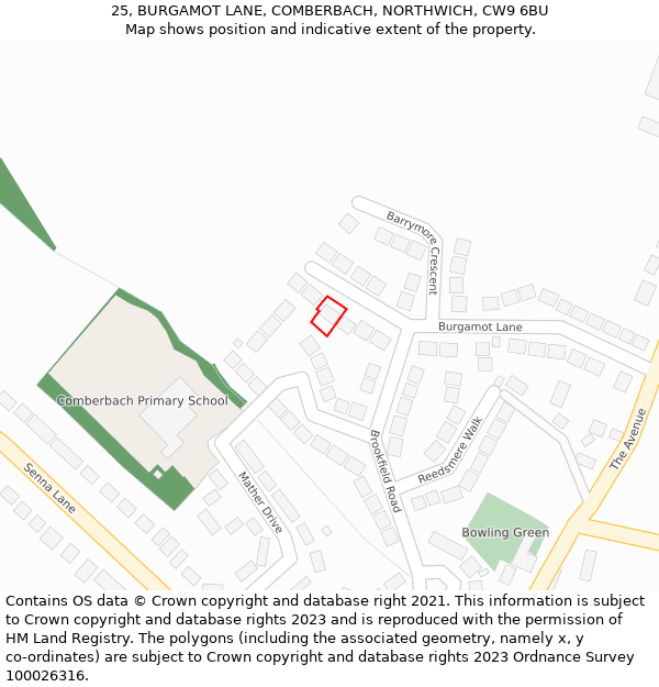 25, BURGAMOT LANE, COMBERBACH, NORTHWICH, CW9 6BU: Location map and indicative extent of plot