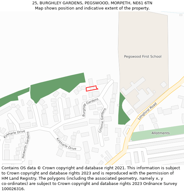 25, BURGHLEY GARDENS, PEGSWOOD, MORPETH, NE61 6TN: Location map and indicative extent of plot