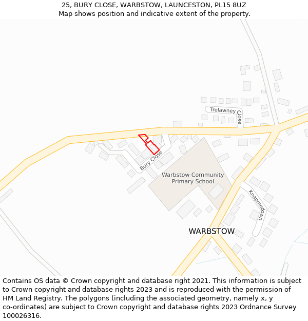 25, BURY CLOSE, WARBSTOW, LAUNCESTON, PL15 8UZ: Location map and indicative extent of plot