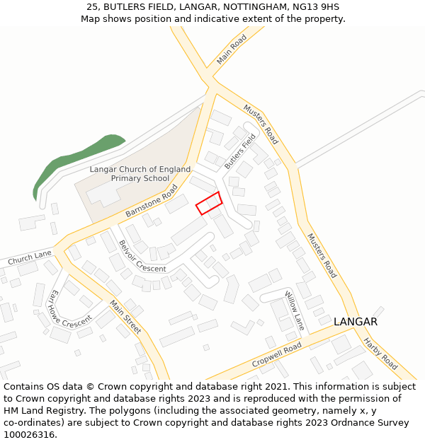 25, BUTLERS FIELD, LANGAR, NOTTINGHAM, NG13 9HS: Location map and indicative extent of plot