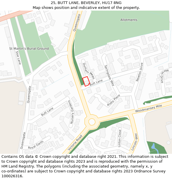 25, BUTT LANE, BEVERLEY, HU17 8NG: Location map and indicative extent of plot