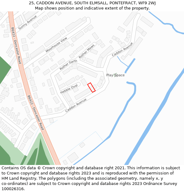 25, CADDON AVENUE, SOUTH ELMSALL, PONTEFRACT, WF9 2WJ: Location map and indicative extent of plot