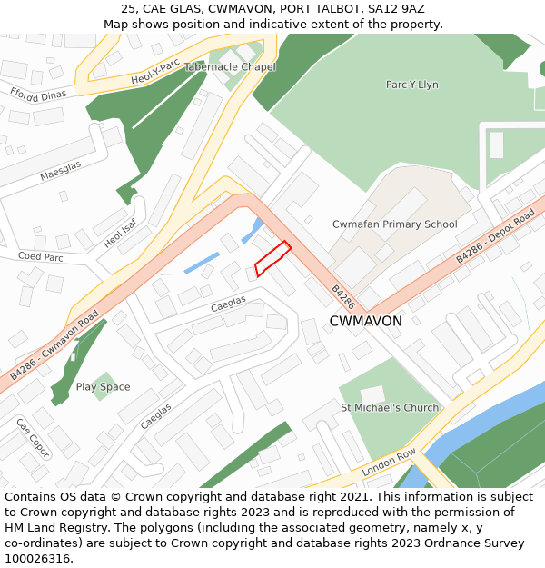 25, CAE GLAS, CWMAVON, PORT TALBOT, SA12 9AZ: Location map and indicative extent of plot