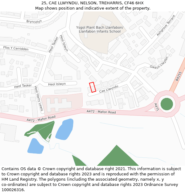 25, CAE LLWYNDU, NELSON, TREHARRIS, CF46 6HX: Location map and indicative extent of plot