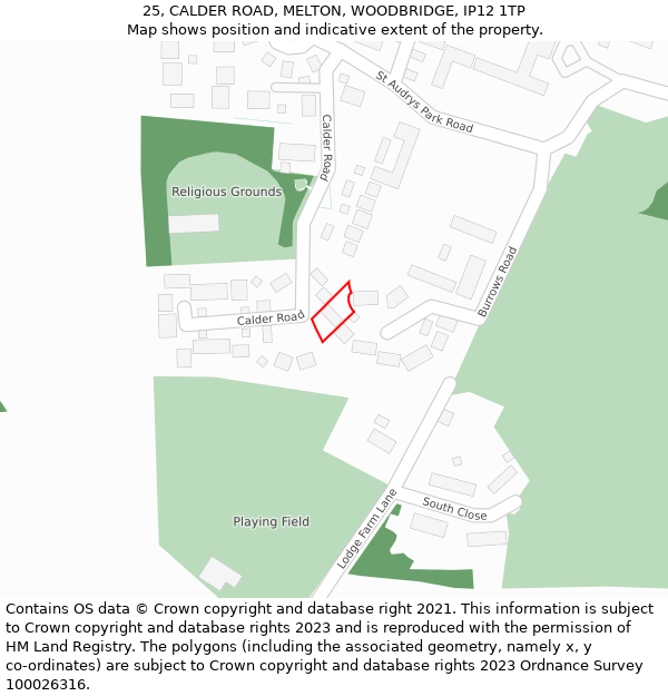 25, CALDER ROAD, MELTON, WOODBRIDGE, IP12 1TP: Location map and indicative extent of plot