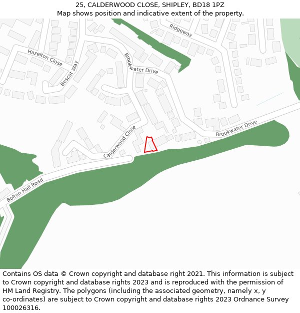 25, CALDERWOOD CLOSE, SHIPLEY, BD18 1PZ: Location map and indicative extent of plot