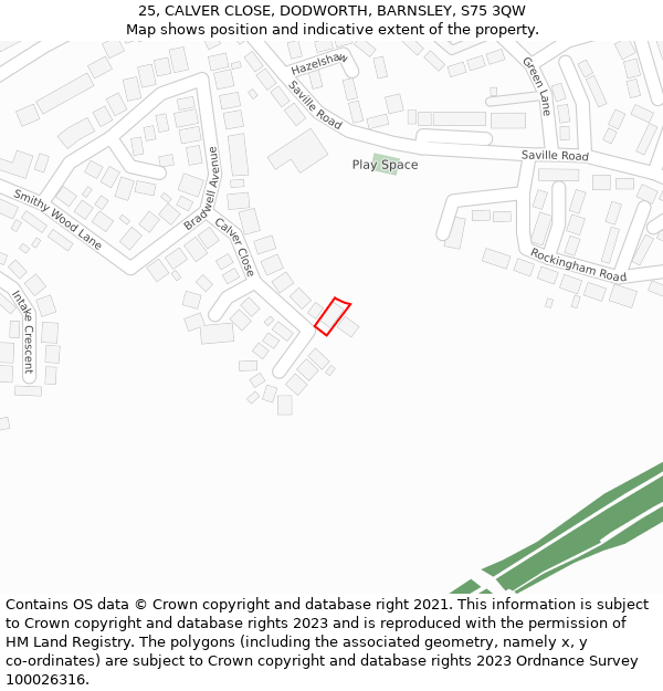 25, CALVER CLOSE, DODWORTH, BARNSLEY, S75 3QW: Location map and indicative extent of plot