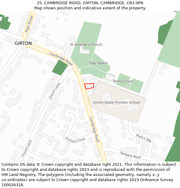 25, CAMBRIDGE ROAD, GIRTON, CAMBRIDGE, CB3 0PN: Location map and indicative extent of plot