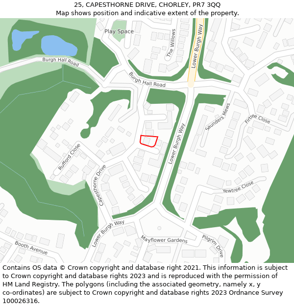 25, CAPESTHORNE DRIVE, CHORLEY, PR7 3QQ: Location map and indicative extent of plot