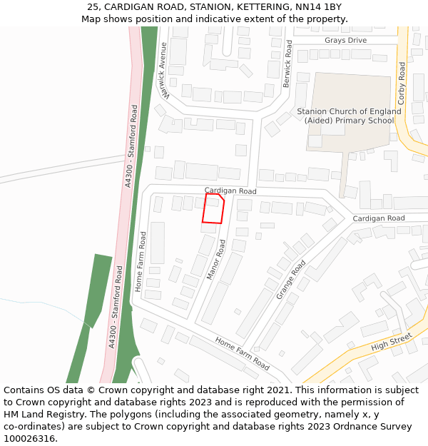 25, CARDIGAN ROAD, STANION, KETTERING, NN14 1BY: Location map and indicative extent of plot
